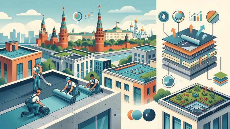 Современная иллюстрация процесса гидроизоляции плоской крыши здания в Москве в футуристическом стиле